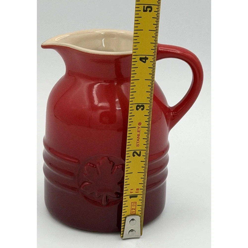 Le Creuset Syrup Pitcher Cherry Red Cerise 6 oz Stoneware Maple Leaf 15-13